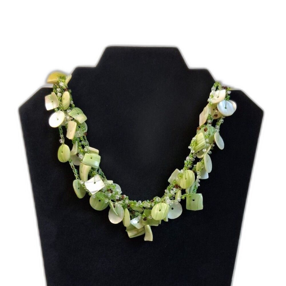 Lime Green Multi Strand Abalone Shell Beaded Layered Cluster Statement Necklace